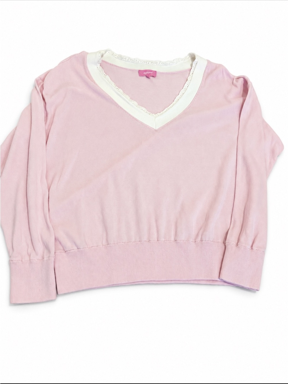 Edikted Marie Pink Contrast Lace V-Neck Cotton Sweater Size M